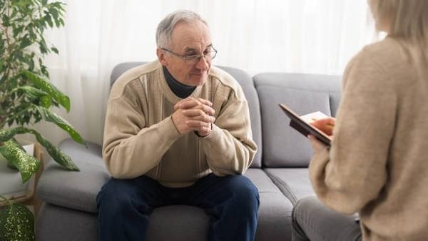 Caregiver psychologist console american senior people for mental health geriatric psychology